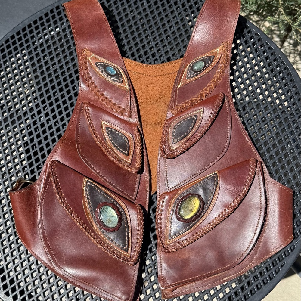 El Gato Montés Brown Leather Vest with Stone Accents